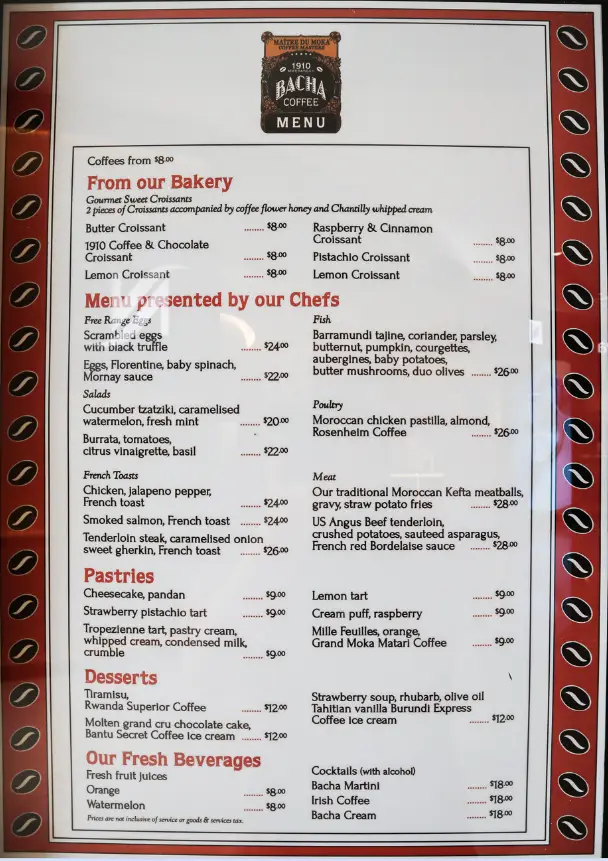 Bacha Coffee Pastries Menu Prices Singapore